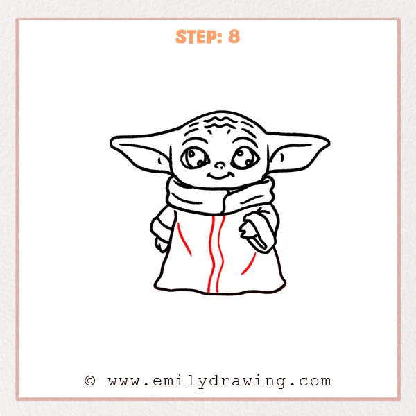 how to draw a baby yoda - Step 8: A center seam line and a few soft robe folds are added to Baby Yoda.
